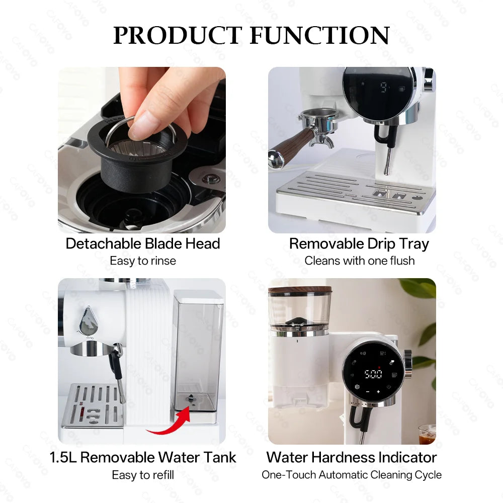 Cafovo white espresso machine with 1.5L tank, digital display, removable drip tray, and cleaning features.