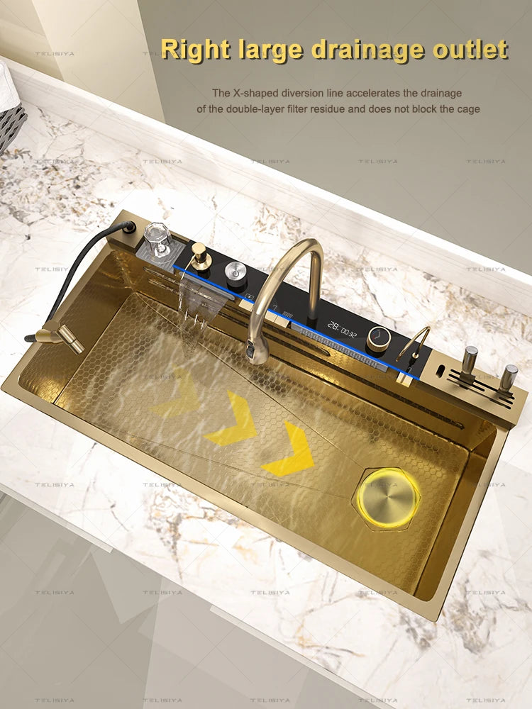 Stainless Steel Kitchen Sink Large Single Slot Multifunctional Waterfall Digital Display Faucet Wash Dish Bowl Undermount Basin