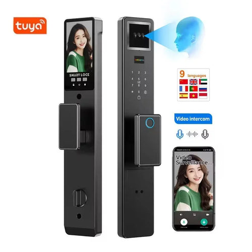 Dark gray smart video door lock intercom with keypad, camera, and fingerprint reader