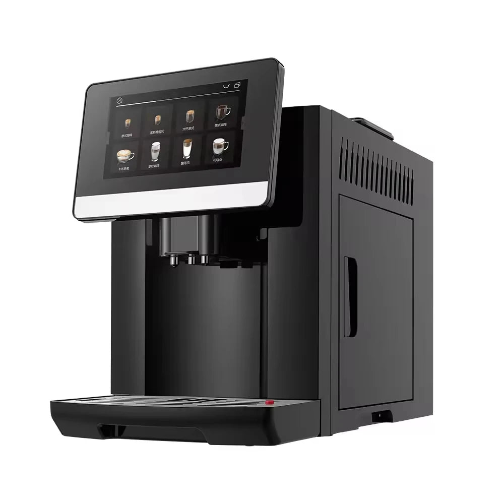 Black automatic espresso coffee machine with large digital touchscreen display and modern, sleek design.