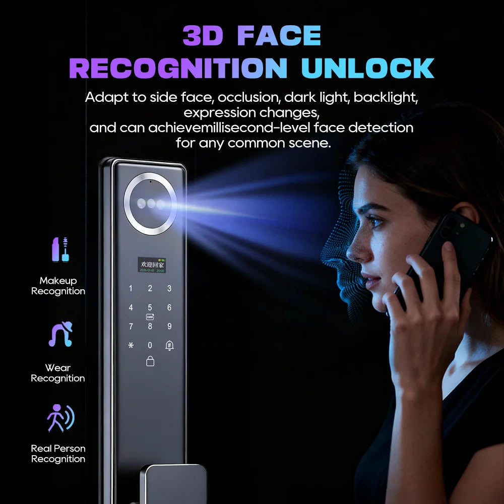 Tuya APP 3D Face Recognition Unlock Digital Door Lock With Camera FIngerprint Password Unlock Keyless Electronic Door Lock