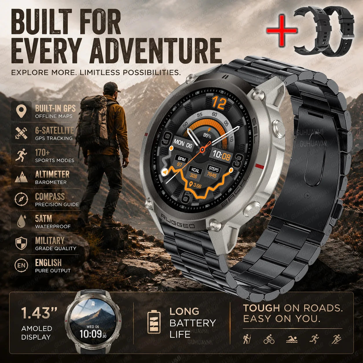 Rugged smart watch with orange accents on display and black link metal strap