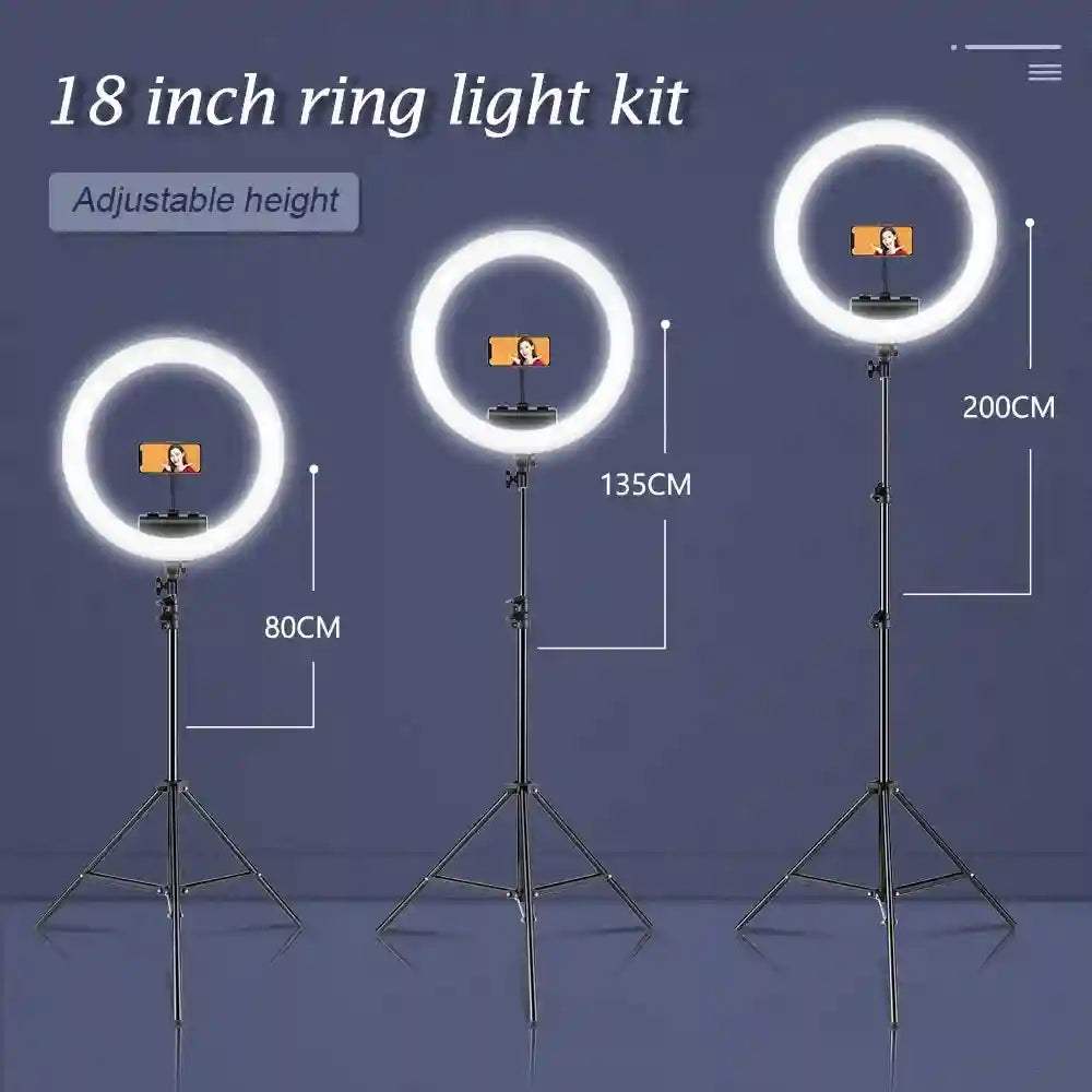 18-inch ring light kit with smartphone holder on an adjustable black tripod stand, ranging from 80cm to 200cm tall.