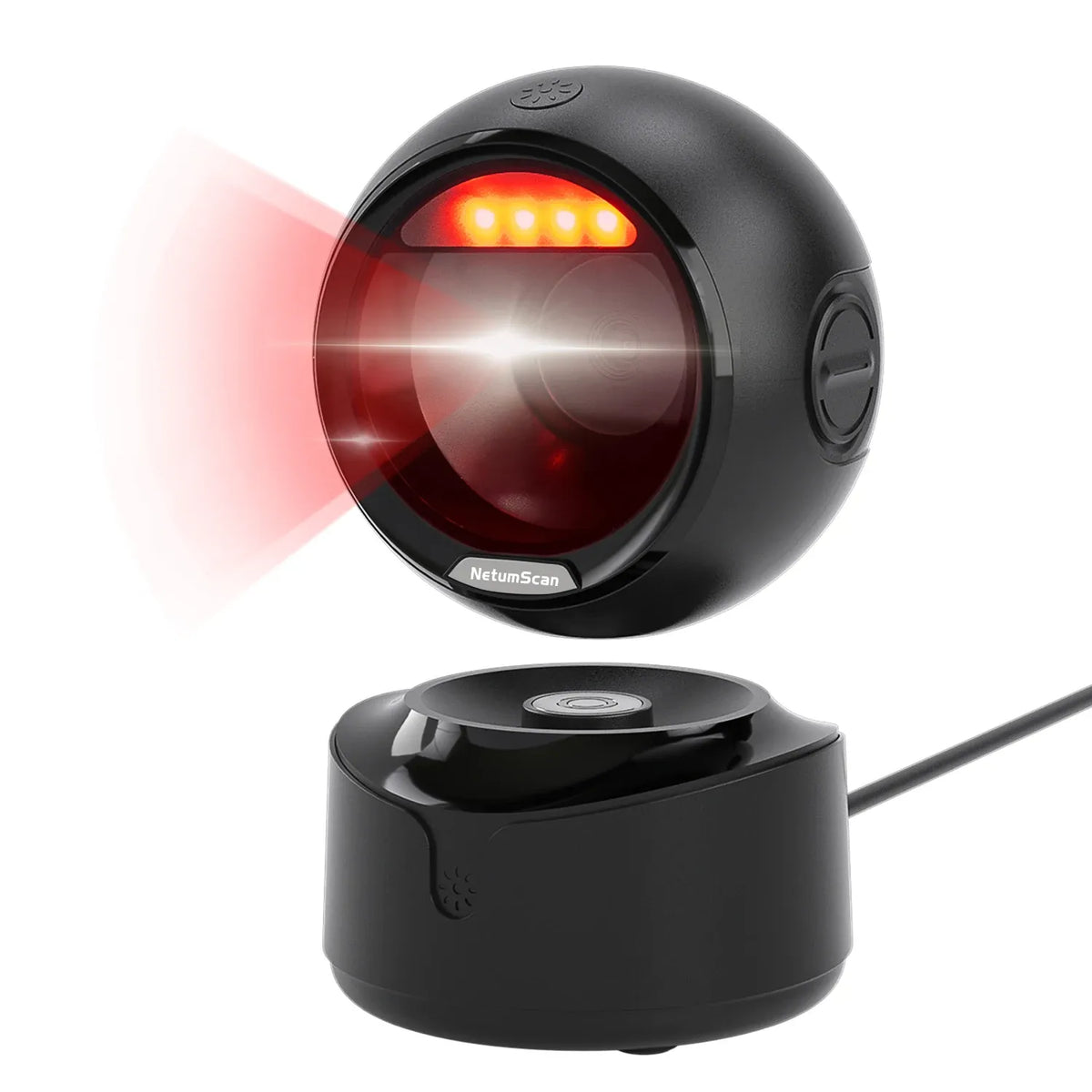 Black desktop omnidirectional barcode scanner showing red scan light beam