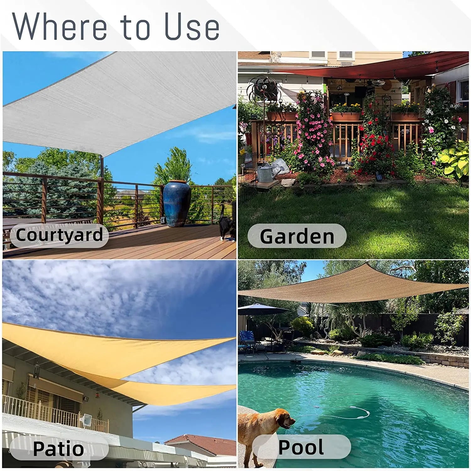Outdoor shade sail canopy panels in gray and blue for patio, garden, courtyard, and pool