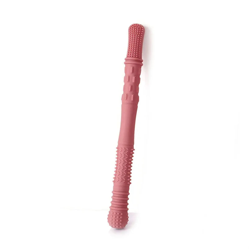 Dusty rose silicone baby teething toy stick for soothing sore gums.