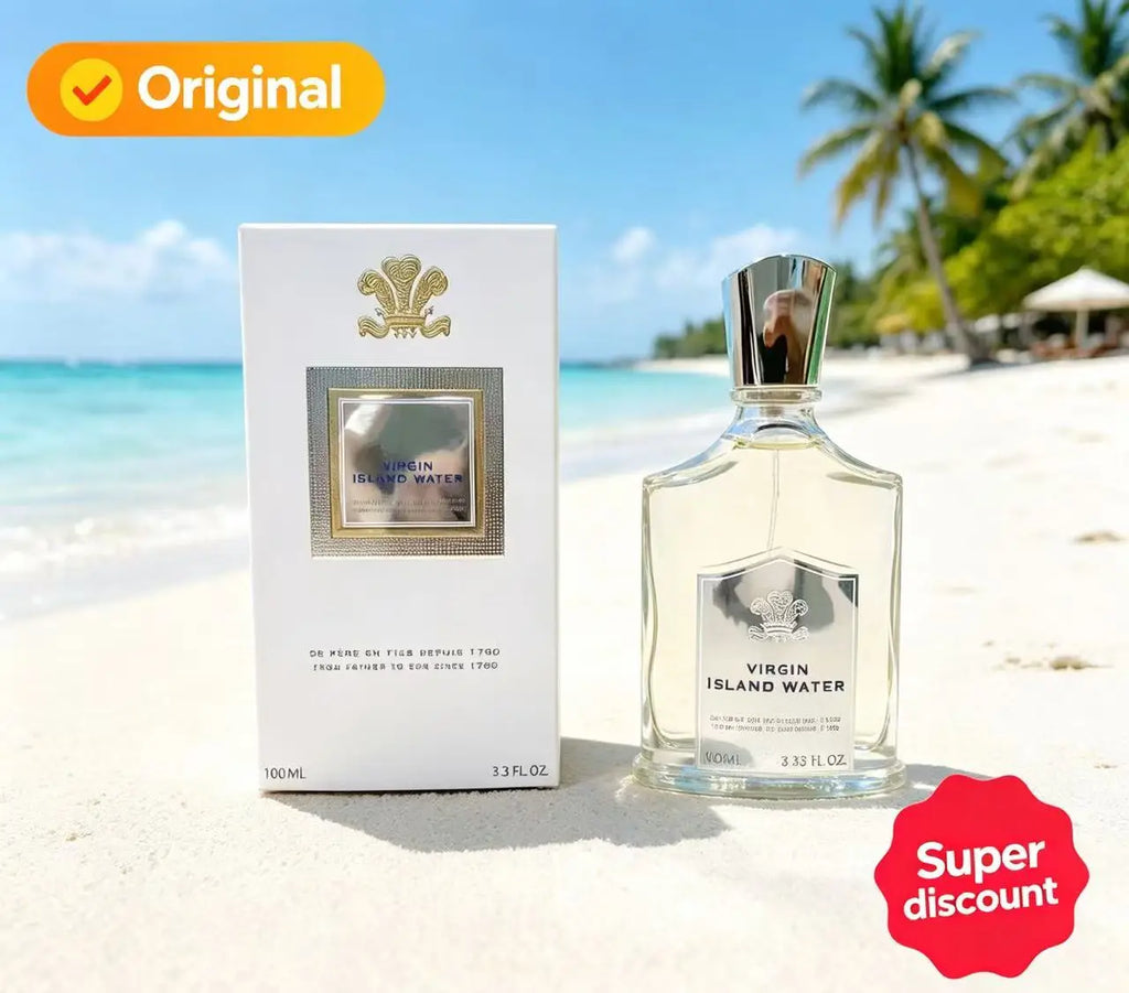 Creed Virgin Island Water unisex EDP spray, 100ml iconic glass bottle, tropical coconut lime scent on beach background.