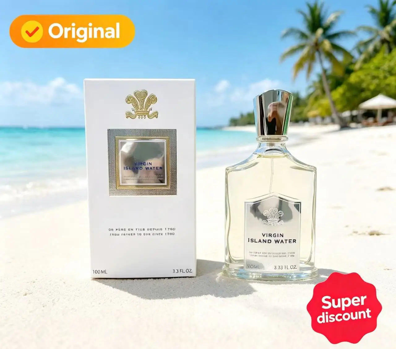 Creed Virgin Island Water unisex EDP spray, 100ml iconic glass bottle, tropical coconut lime scent on beach background.