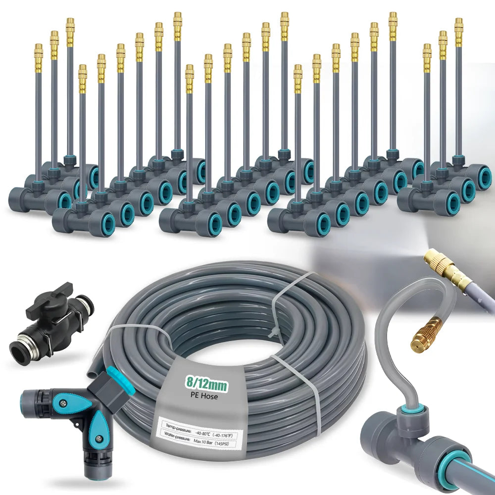 Flexible PE hose atomization nozzle set with gray hoses, blue couplers, and brass fittings