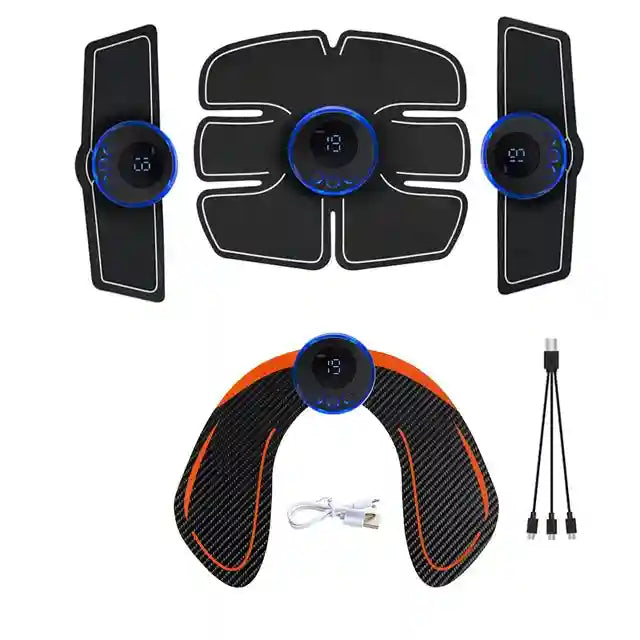 EMS muscle stimulator set featuring black gel pads with blue digital control units, plus a charging cable.