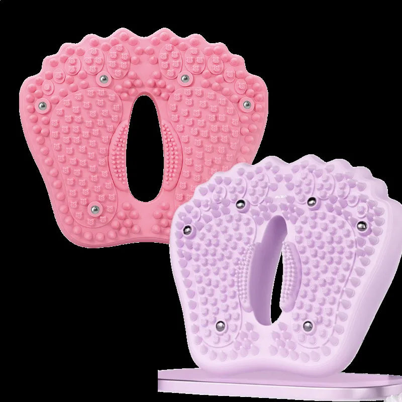 Two foot-shaped massage mats in pink and light purple, featuring raised acupressure points and embedded metal magnets.