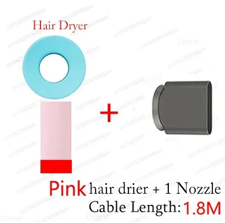 SenCiciMen pink leafless hair dryer with blue ring, nozzle attachment, and 1.8m cable for fast salon-quality drying.
