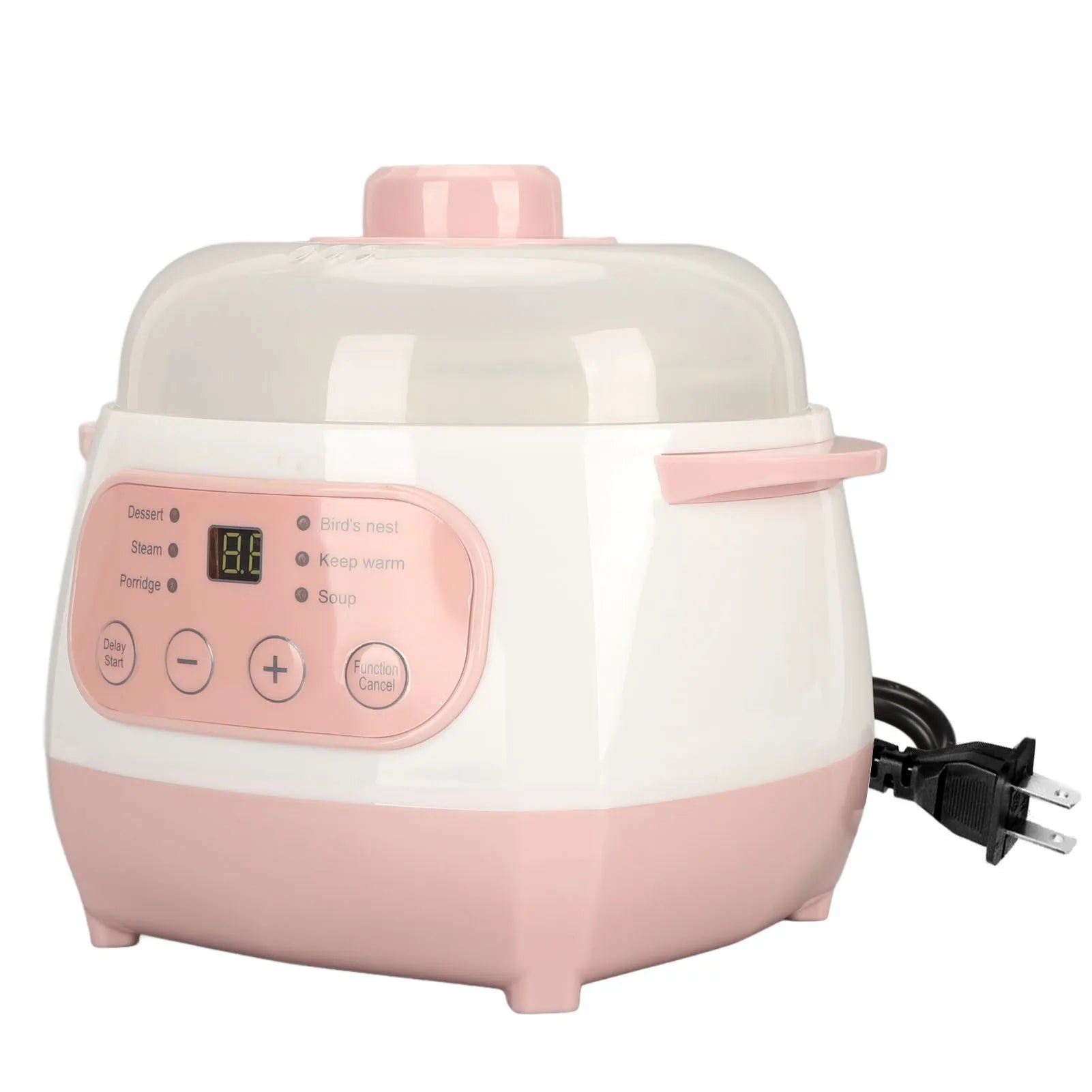 Pink mini electric rice cooker with clear lid, LCD display, and power cord