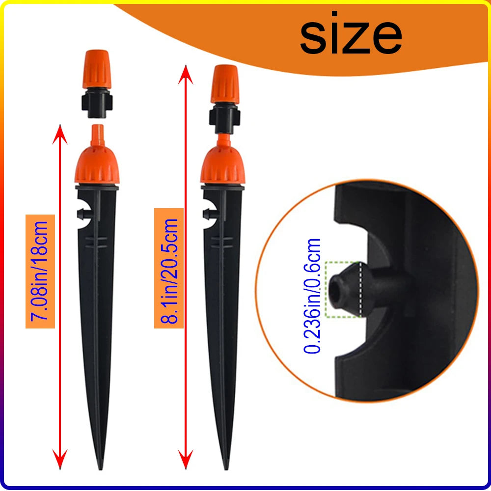 Orange and black adjustable irrigation stake nozzle dimensions on white background