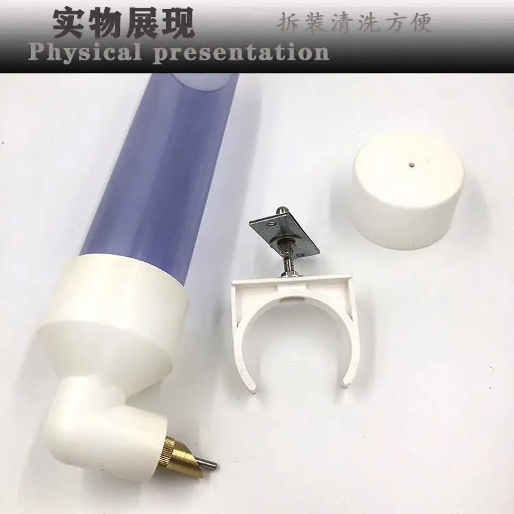 Large automatic parrot water dispenser with clear tube and needle feeder for easy, mess-free hydration.