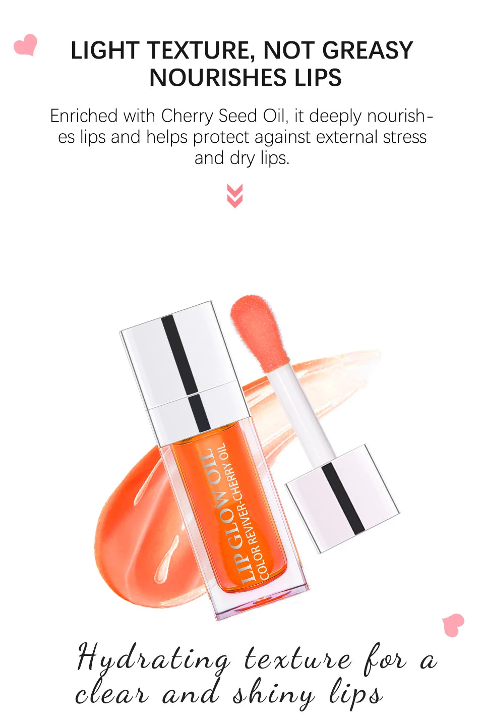 Crystal jelly lip glow oil with hydrating cherry texture and applicator for a shiny, non-greasy makeup finish.