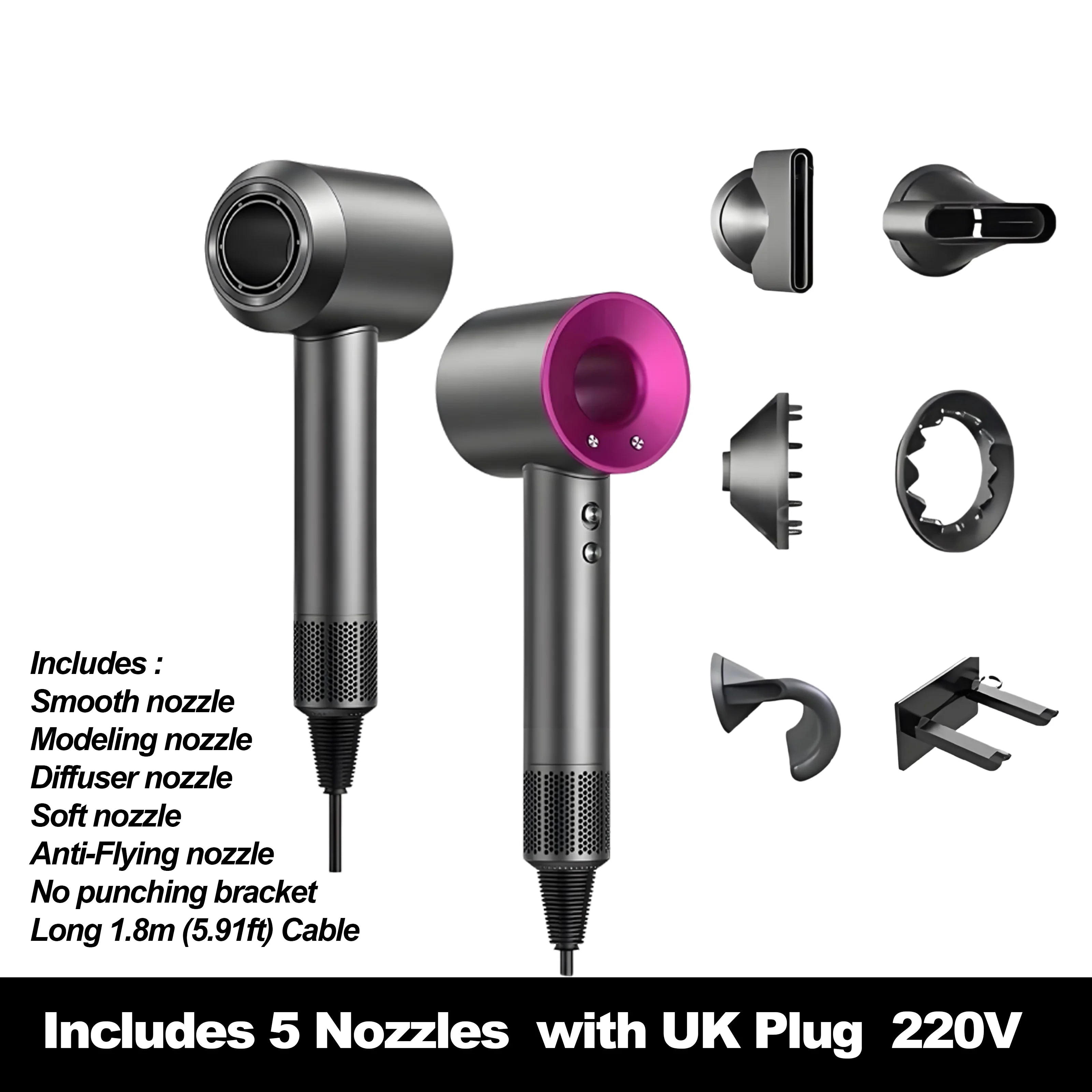 Grey and pink high-speed hair dryer with 5 magnetic styling nozzles and wall bracket for professional salon results.