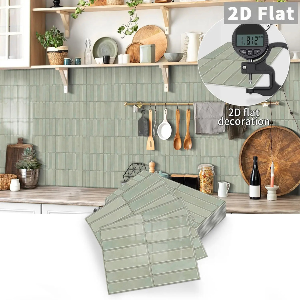 Self-adhesive square tile decal set in muted olive green, peel-and-stick wall stickers