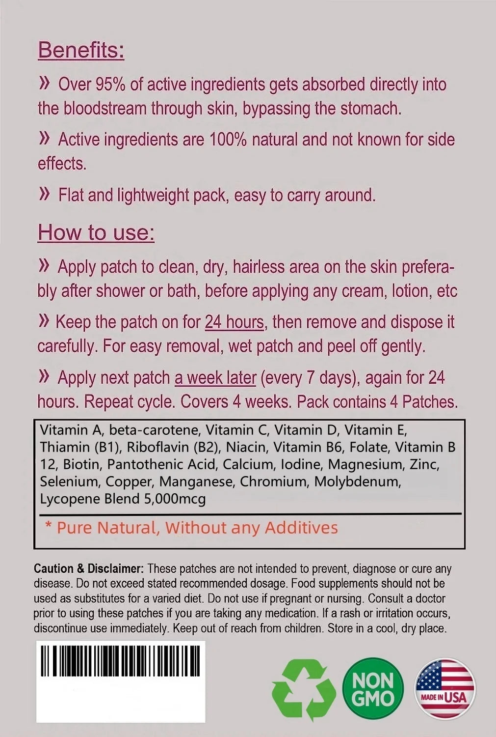 Men's 50+multi vitamin transdermal patch, containing vitamins A, B6, B12, zinc, calcium, and vitamin D for men's multi vitamins