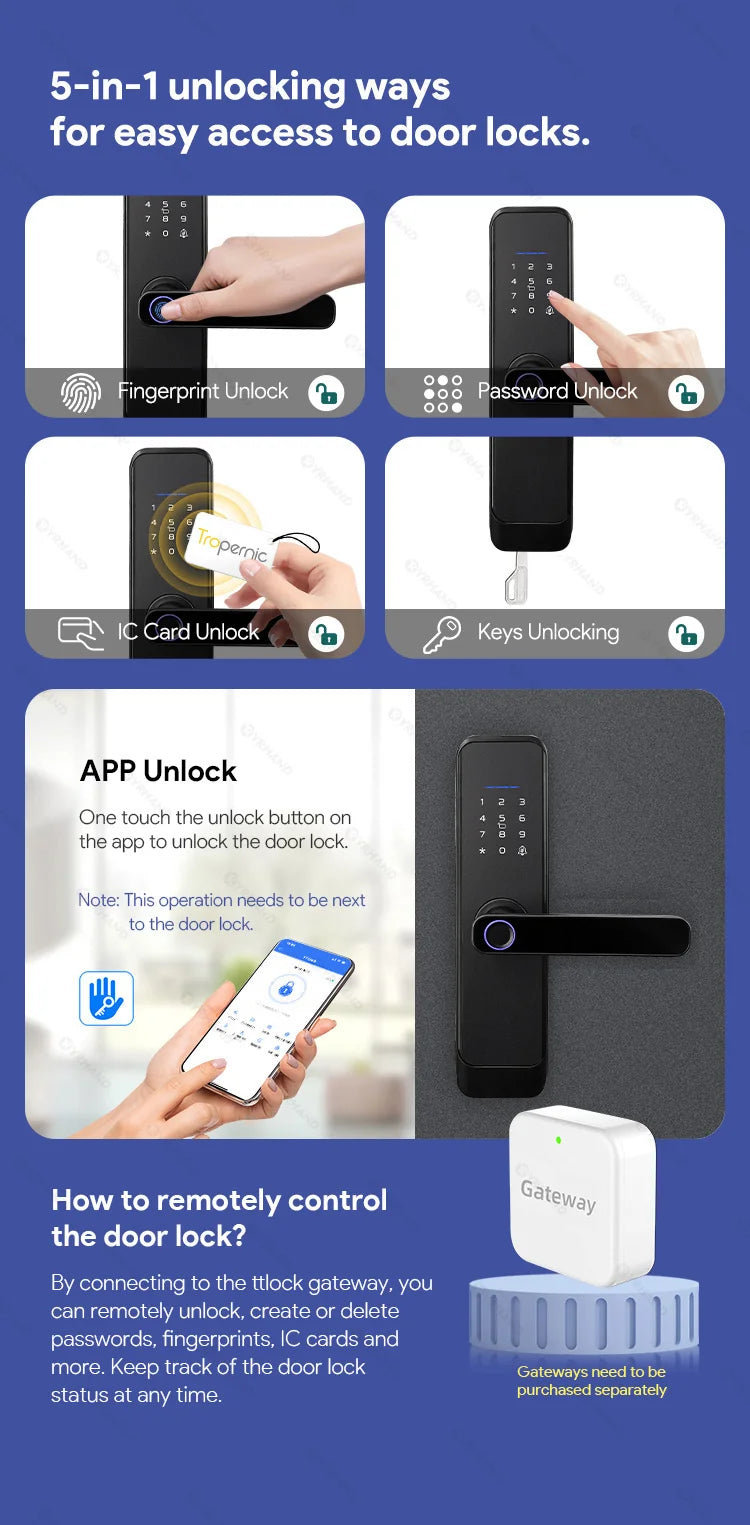 Fingerprint Lock Waterproof Wifi Remote Control Bluetooth TTLock App Card Digital Code Keyless Electronic Smart Door Lock