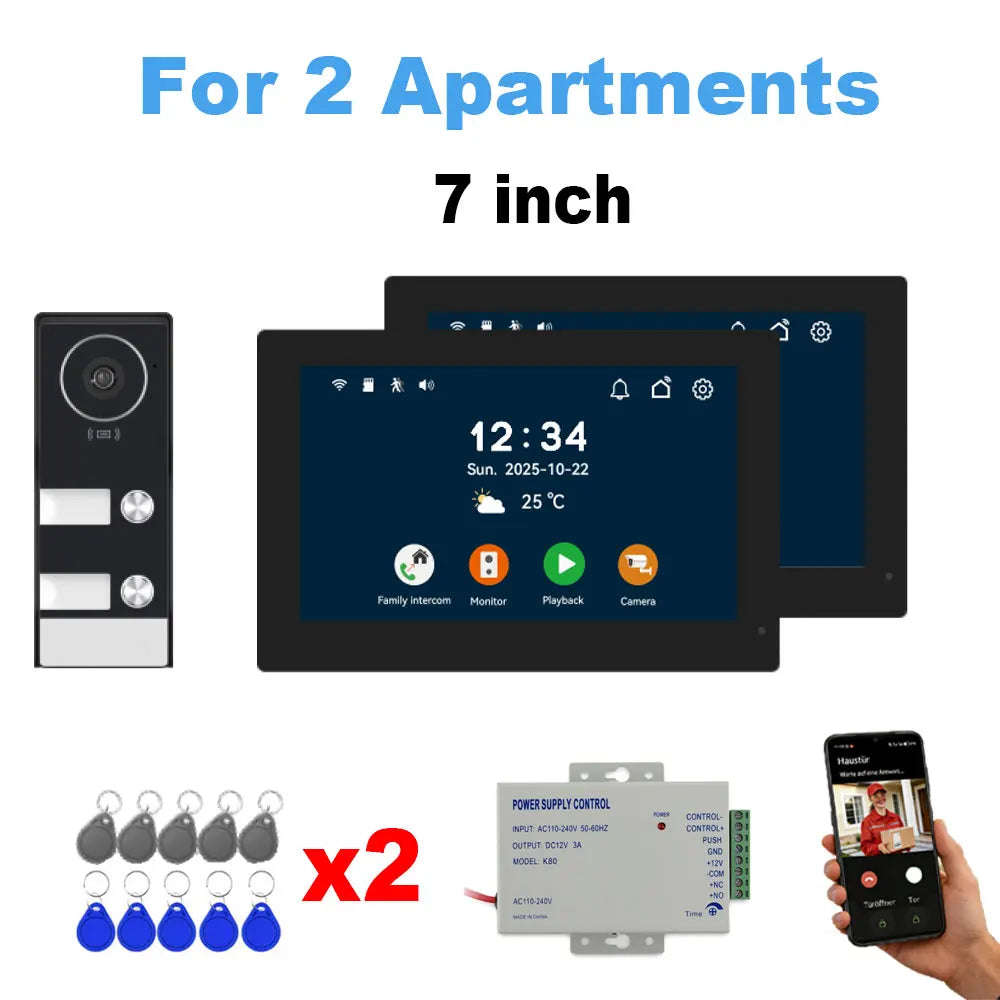2-4 Unit Home 2 Wire 7inch Touch Video Intercom for Apartments Residential Video Door Phone System with RFID Card APP Unlock ﻿