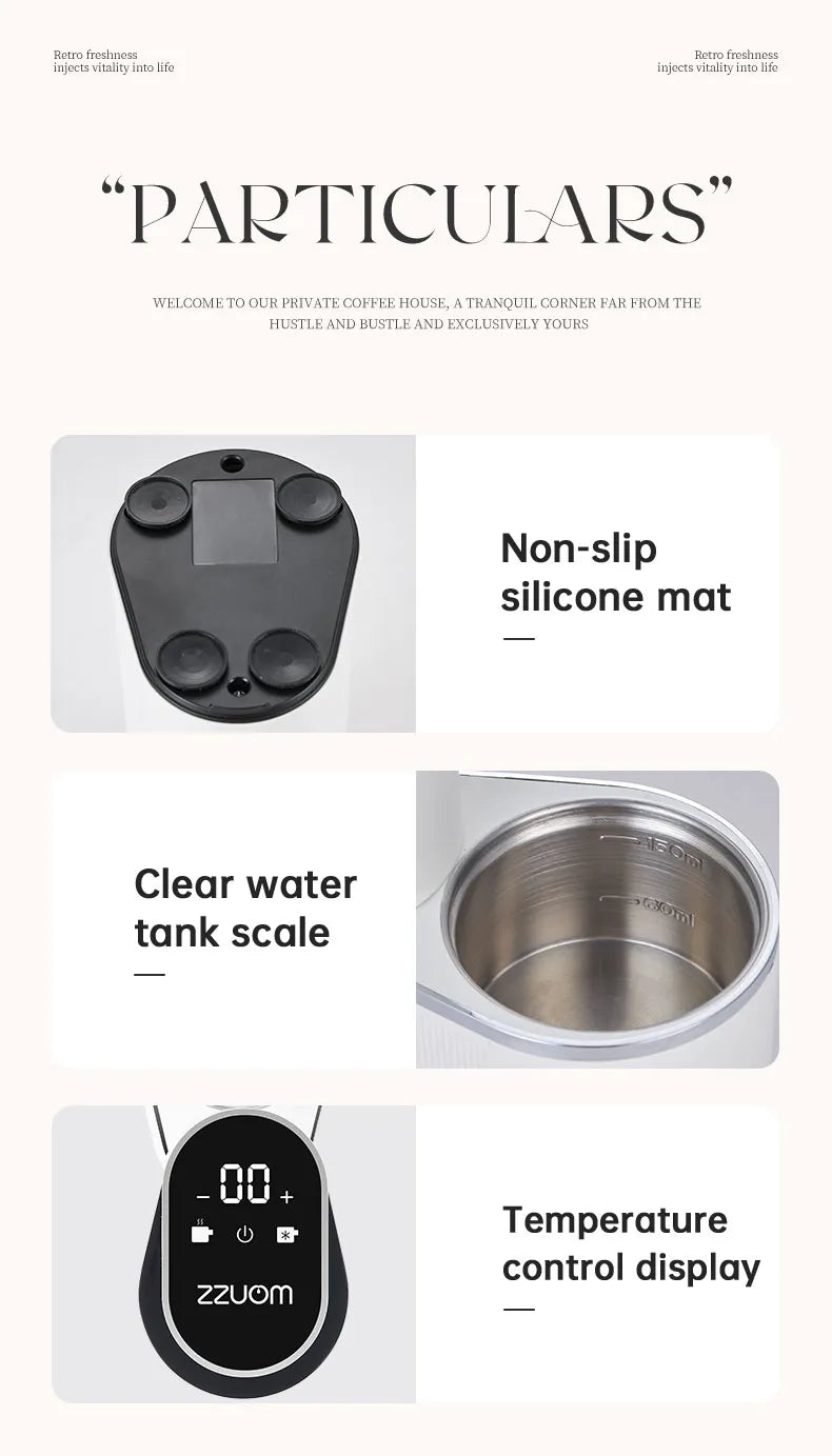 ZZUOM coffee maker features: non-slip silicone base, 150ml steel water tank, and digital temperature control display.