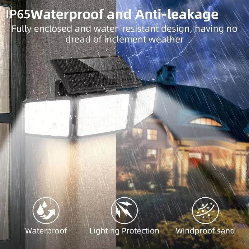 2PCS Solar Lights Outdoor Waterproof, 164LED Motion Sensor Outdoor Lights 3 Heads Security Flood Light 3 Lighting Mode for Patio