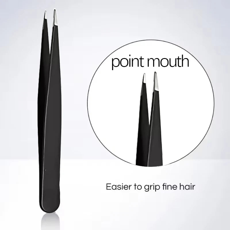 Stainless Steel Black Eyebrow Tweezer with Slant and Flat Point Beauty Tools for Eyelash Tweezer & Ingrown Hair Removal False Eyelashes Point Tidesmit