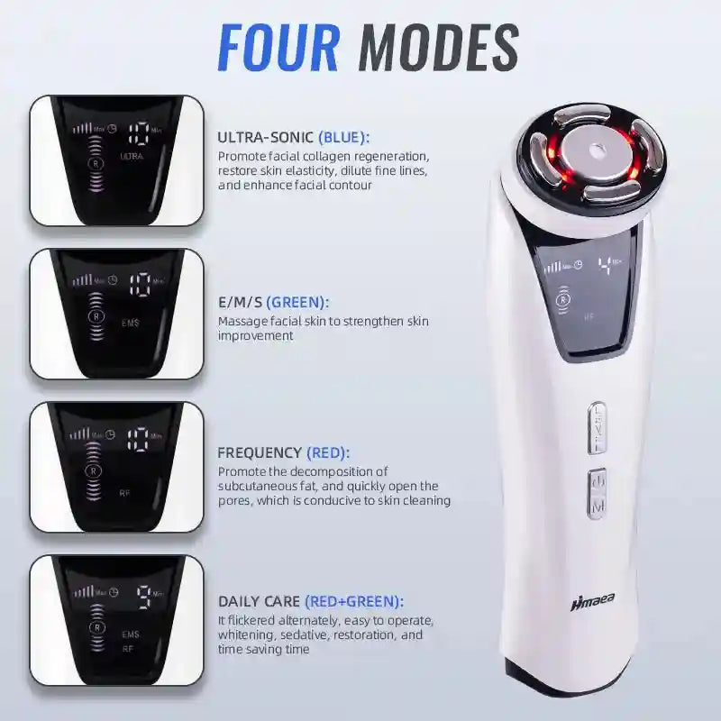 Mini HIFU and RF facial beauty device with 4 modes, LED screen, and EMS microcurrent for skin tightening and anti-aging.