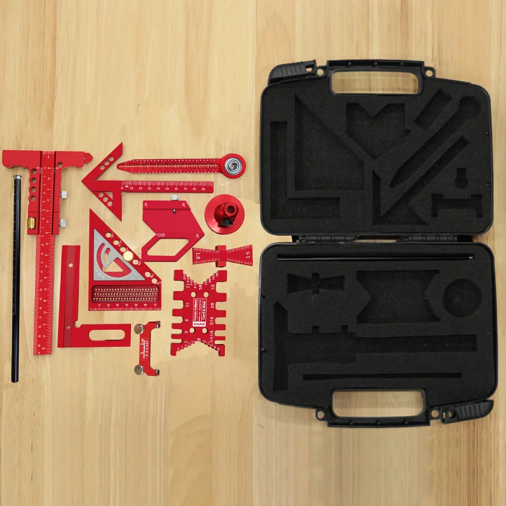 10pcs Woodworking Square Kit with Box, T-Square Scribing Tools,Positioning Block,Circular Drawing Compass,Honing Guide,Height Ga