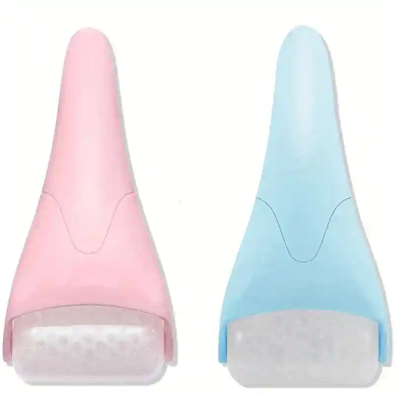 Two handheld facial ice rollers in light pink and blue with clear, textured gel-filled cylinders on a white background.