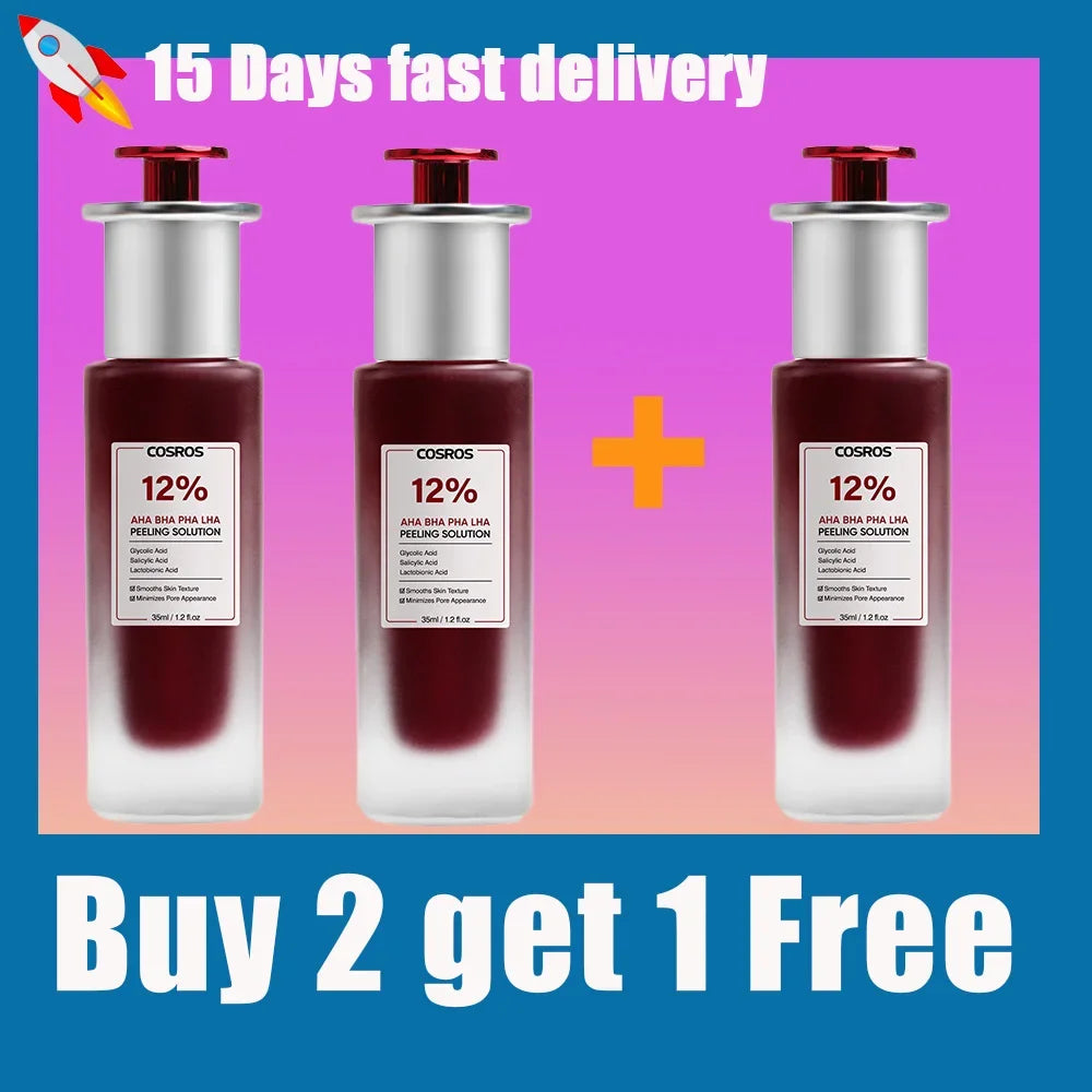 Three bottles of dark red peeling solution with silver caps and "12% AHA BHA PHA LHA" labels on a purple background.