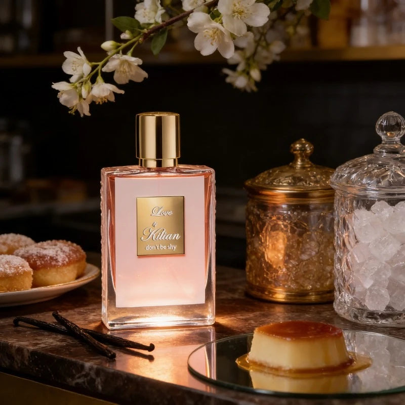 Kilian Love Don't Be Shy EDP: Unisex oriental vanilla fragrance in a square glass bottle with gold cap and label.
