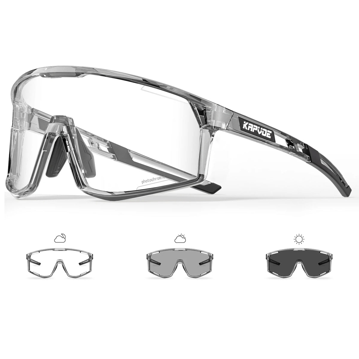 Cycling photochromic sunglasses, clear frame, dark gray mirrored lenses