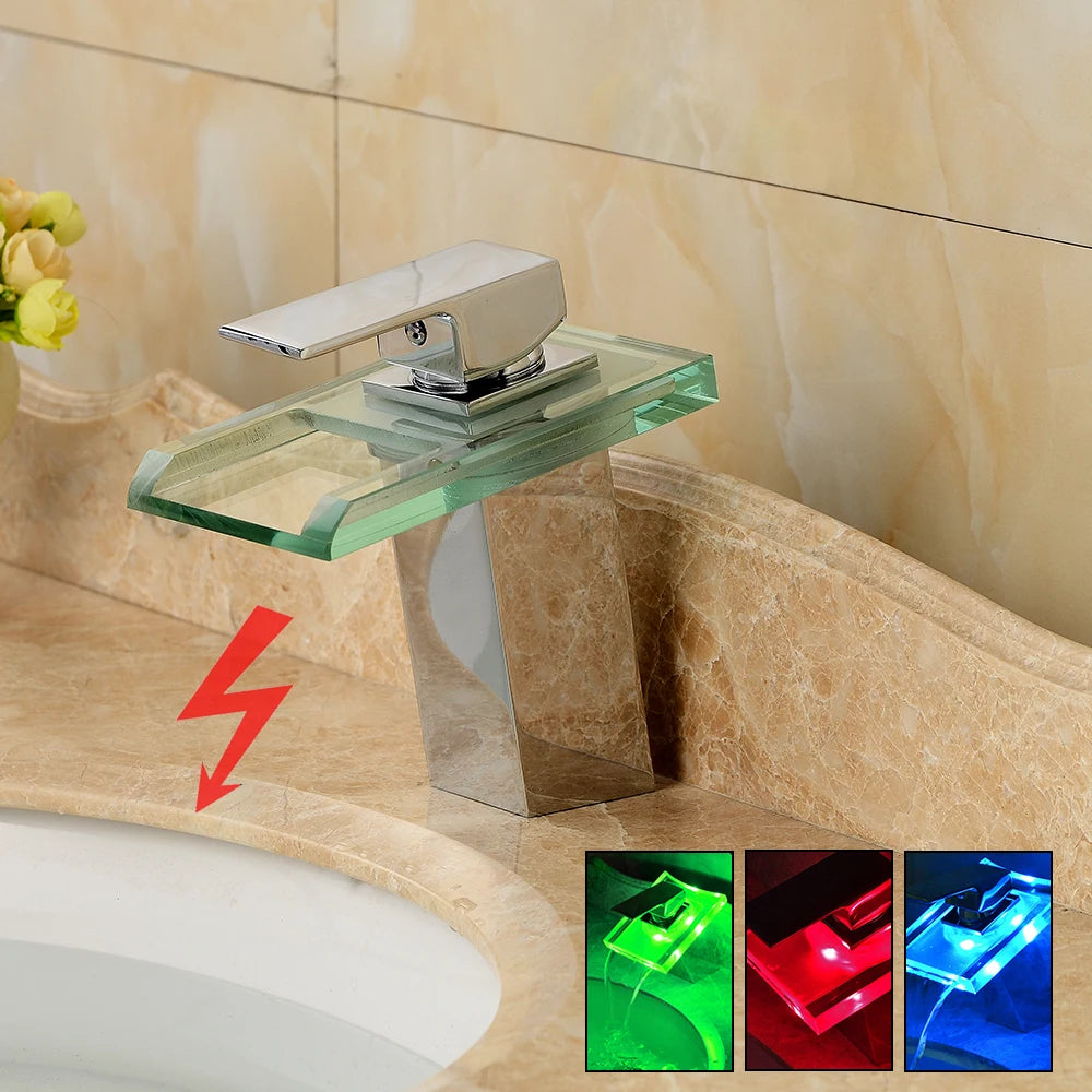 Smart Bathroom Faucet with Temp Light, Anti-Scald LED Indicator, Brass Construction, Waterfall Faucet, LED Color Changing