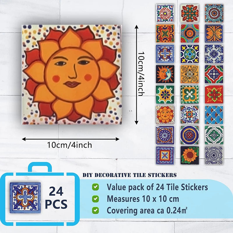 24pc Tile Stickers 4x4in Peel and Stick Backsplash Bathroom Waterproof Tile Stickers Colorful Mexican Tile Stick Home Decor