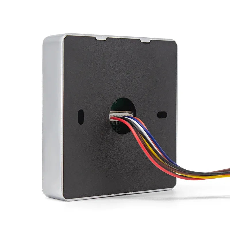 RFID card reader rear panel with multi-color wiring cables and connector opening