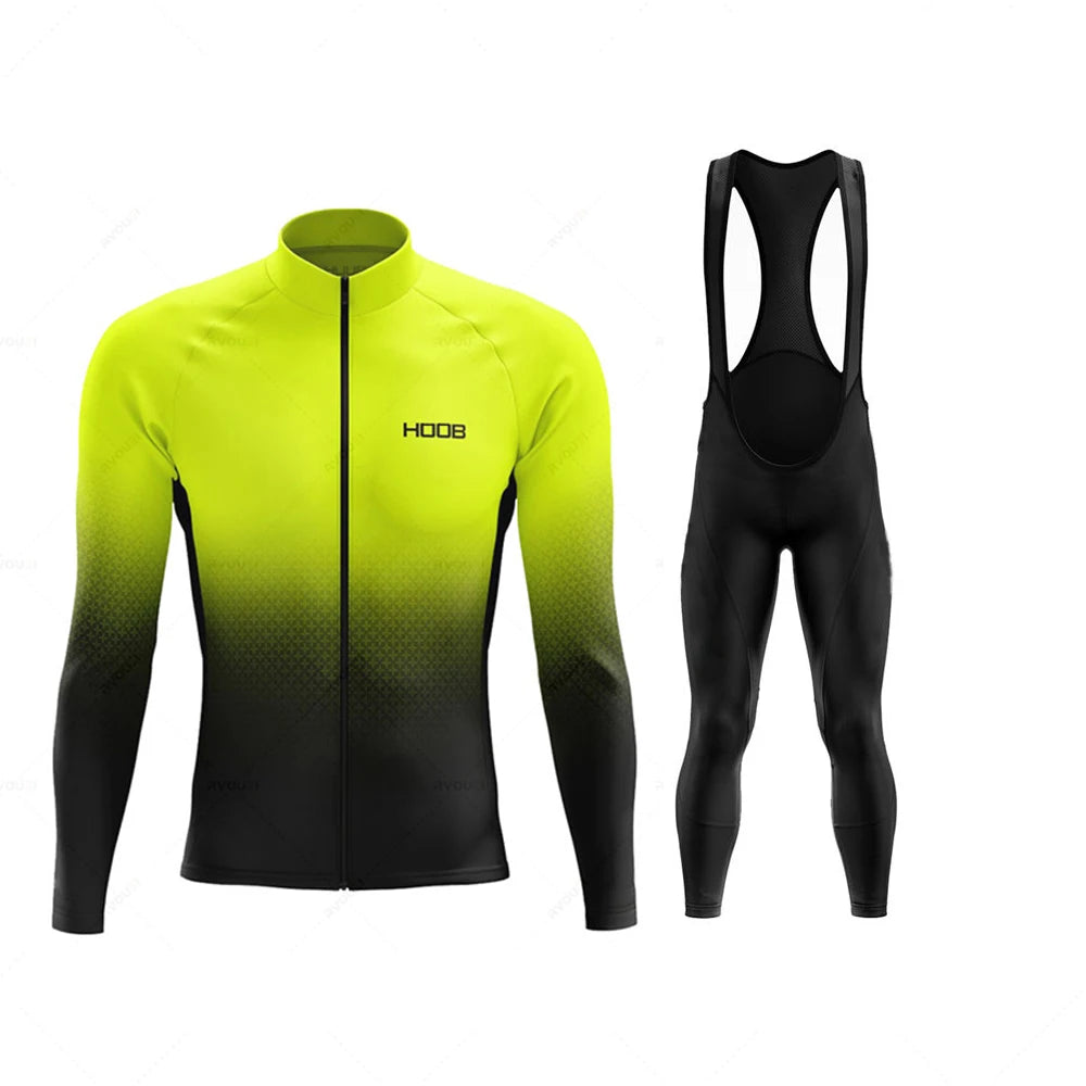 Tidesmit cycling set with a long-sleeve, neon yellow-to-black gradient jersey and matching black thermal bib leggings.