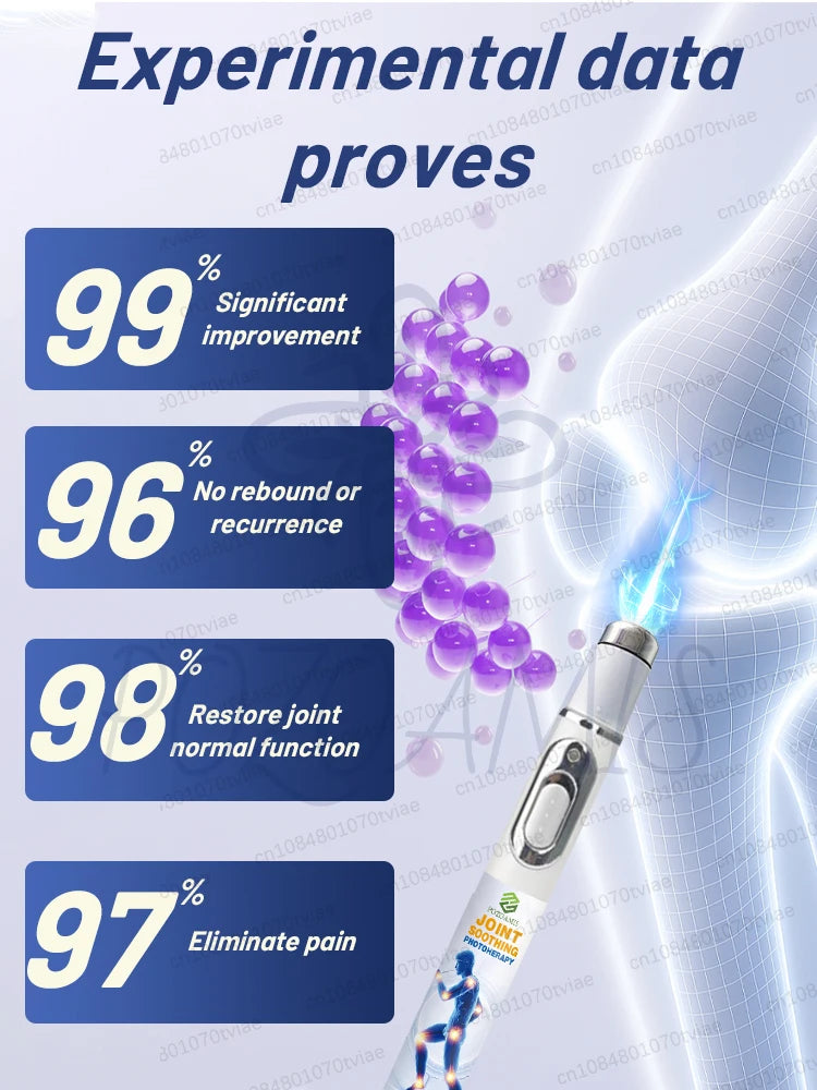 Infographic showing clinical data for a joint soothing therapy device, featuring percentages and a blue knee diagram.