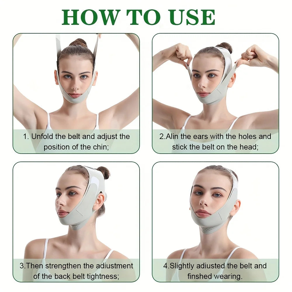 Four-step guide on how to wear a light gray, adjustable elastic V-line face-slimming strap.