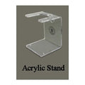 Clear acrylic coffee dripper stand with brand logo, designed for pour-over brewing setups.