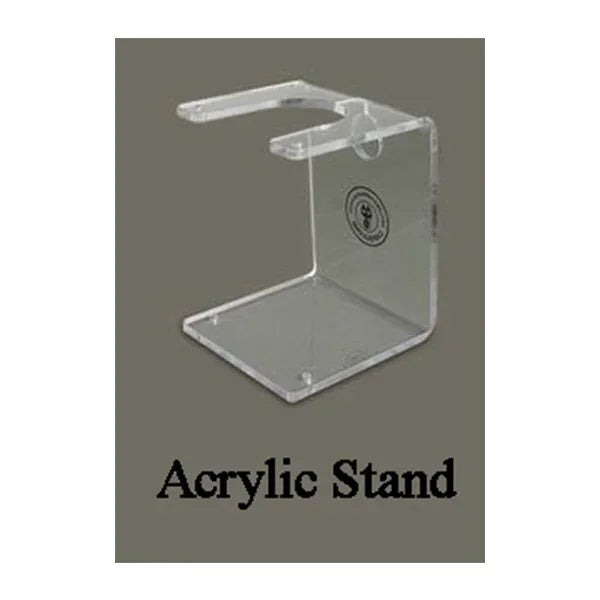 Clear acrylic coffee dripper stand with brand logo, designed for pour-over brewing setups.