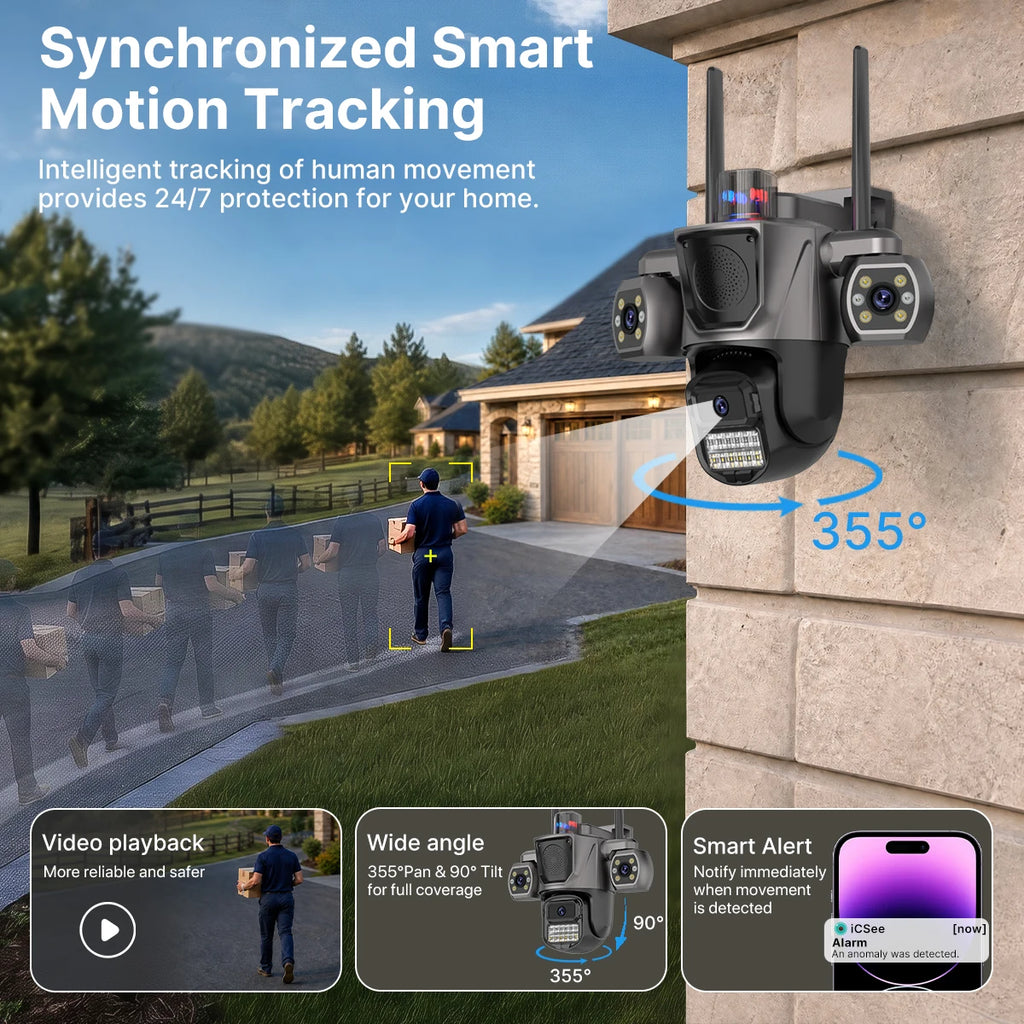 WONSDAR WiFi IP Camera Outdoor Three Lens Triple Screen Home Security CCTV Surveillance Cameras AI Human Detection Audio ICSEE