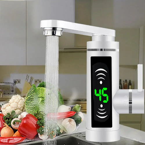 White electric instant water heater tap with LED temperature display and arched spout