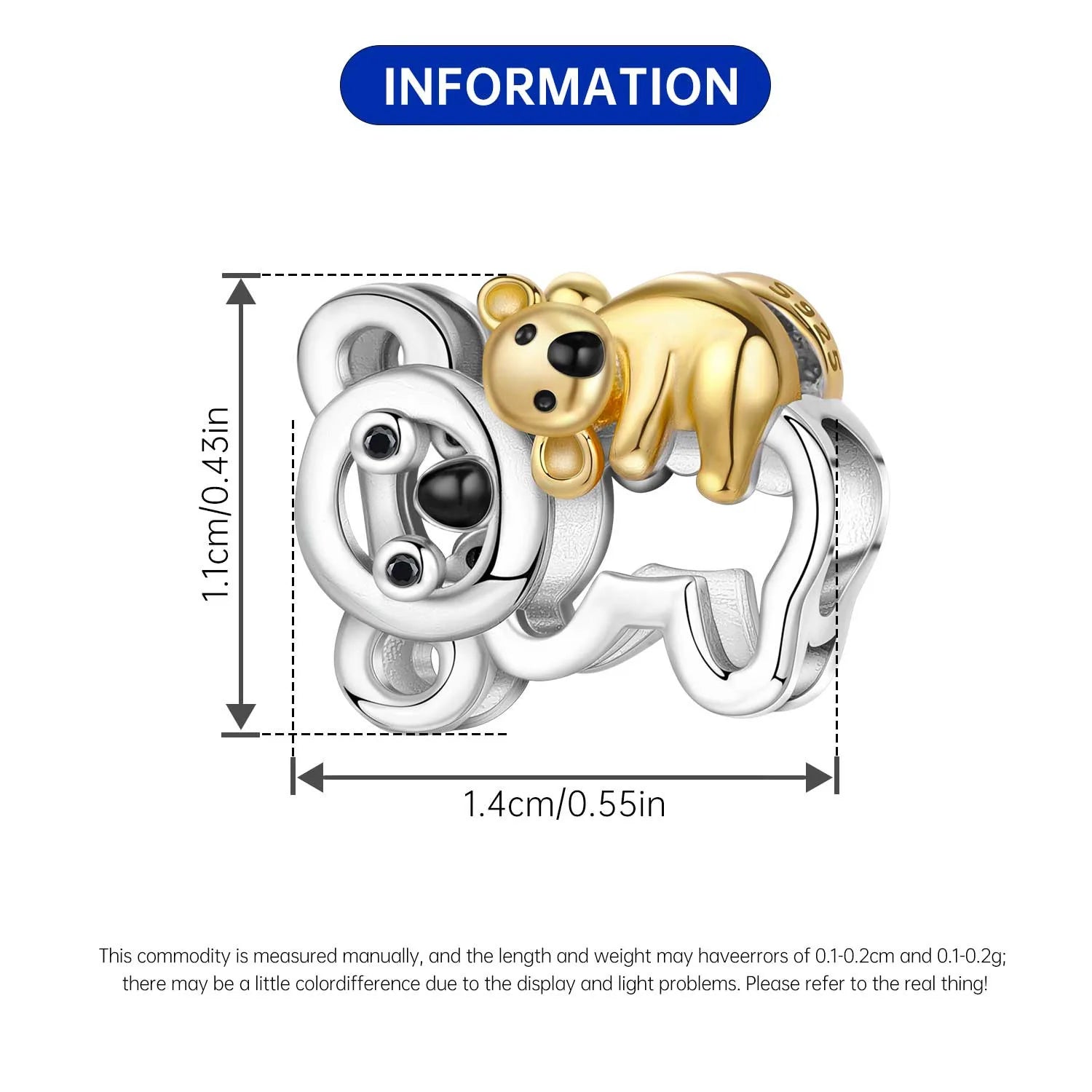925 sterling silver koala bear charm bead for DIY bracelets, cute gold-tone animal pendant for trendy jewelry gifts.