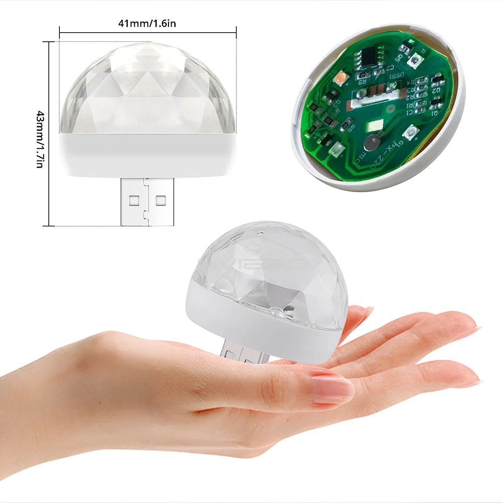 Small USB-powered LED disco ball light with a faceted dome, 41mm wide, for portable ambient lighting effects.