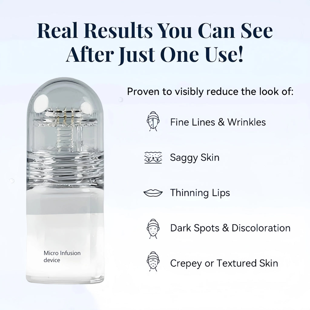 Clear micro-infusion device next to a list of skin benefits including wrinkle reduction and firming.