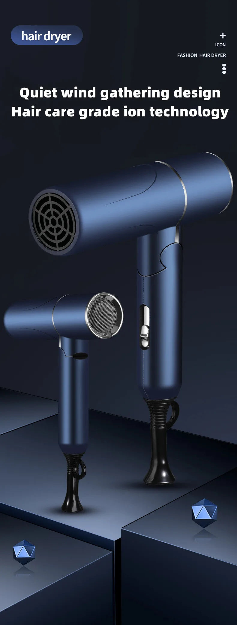 Foldable blue negative ion hair dryer with quiet design and 1200W motor for fast, salon-grade travel hair care.
