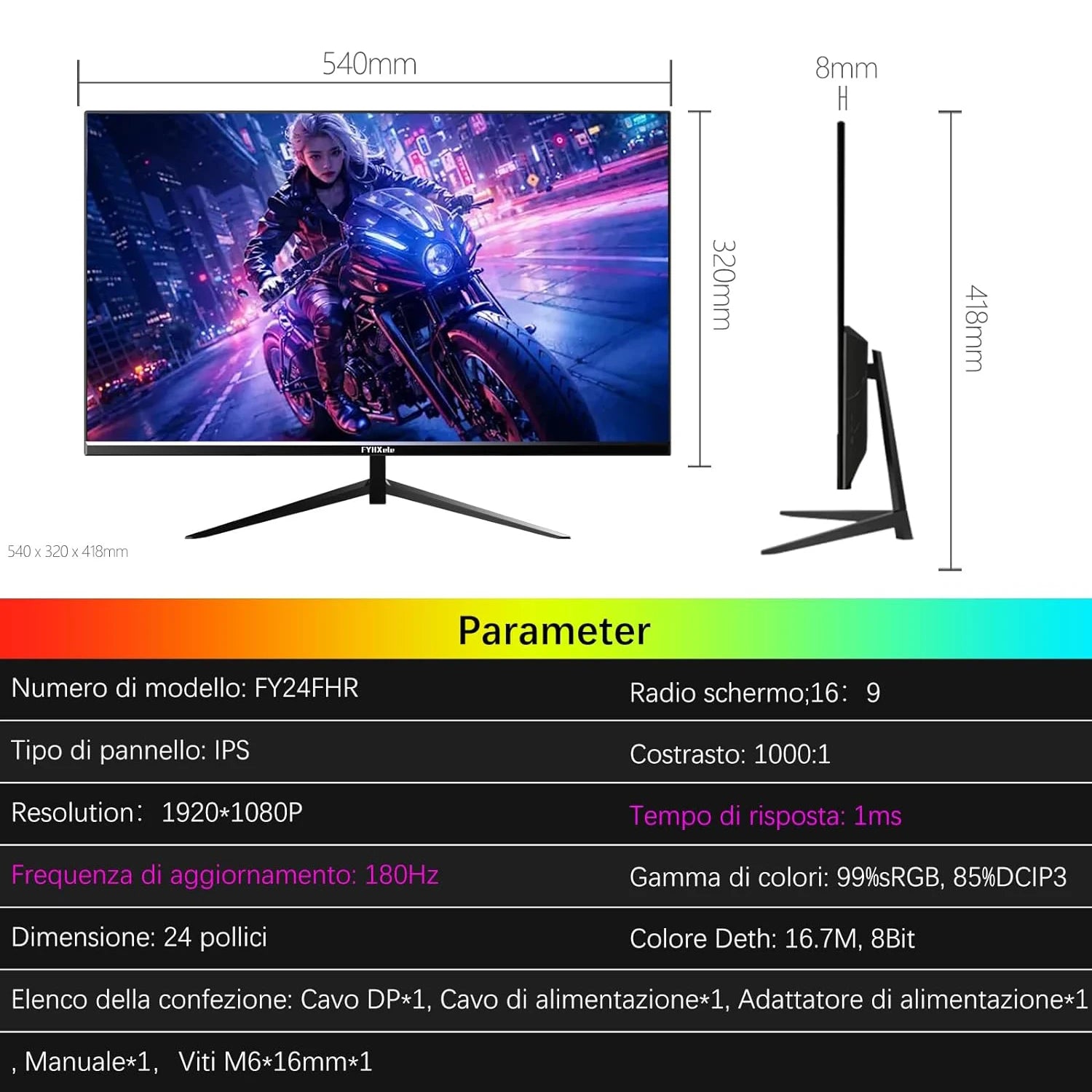 FYHXele 24Inch 180Hz Gaming Monitor FHD Computer Display 1ms Response Time Eye Care Screen LCD Support HDR G-Sync VESA