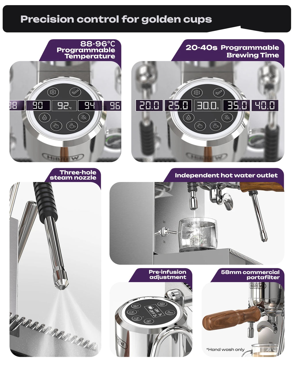 HiBREW stainless steel espresso machine features 58mm portafilter, programmable temperature, and steam nozzle.